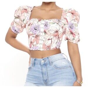 Fashionova Crop Top Blouse Floral Print Puff Sleeve ‎ Size Large New